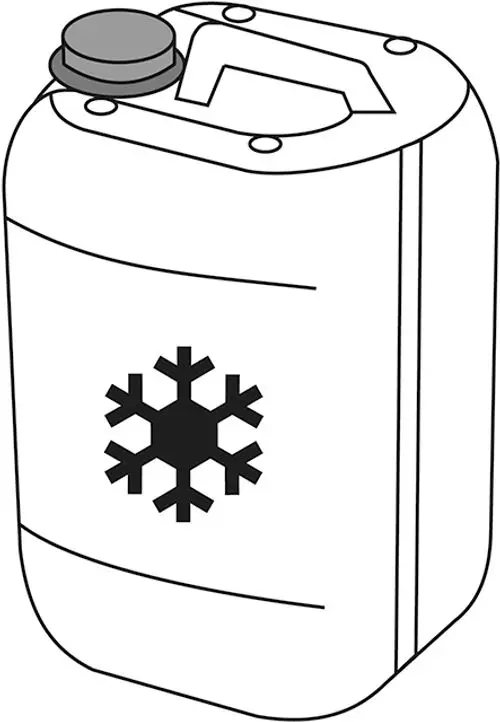 Kanister mit schwarzem Schneeflocken-Symbol, vermutlich für eine Flüssigkeit von Daikin, mit Schraubverschluss oben.